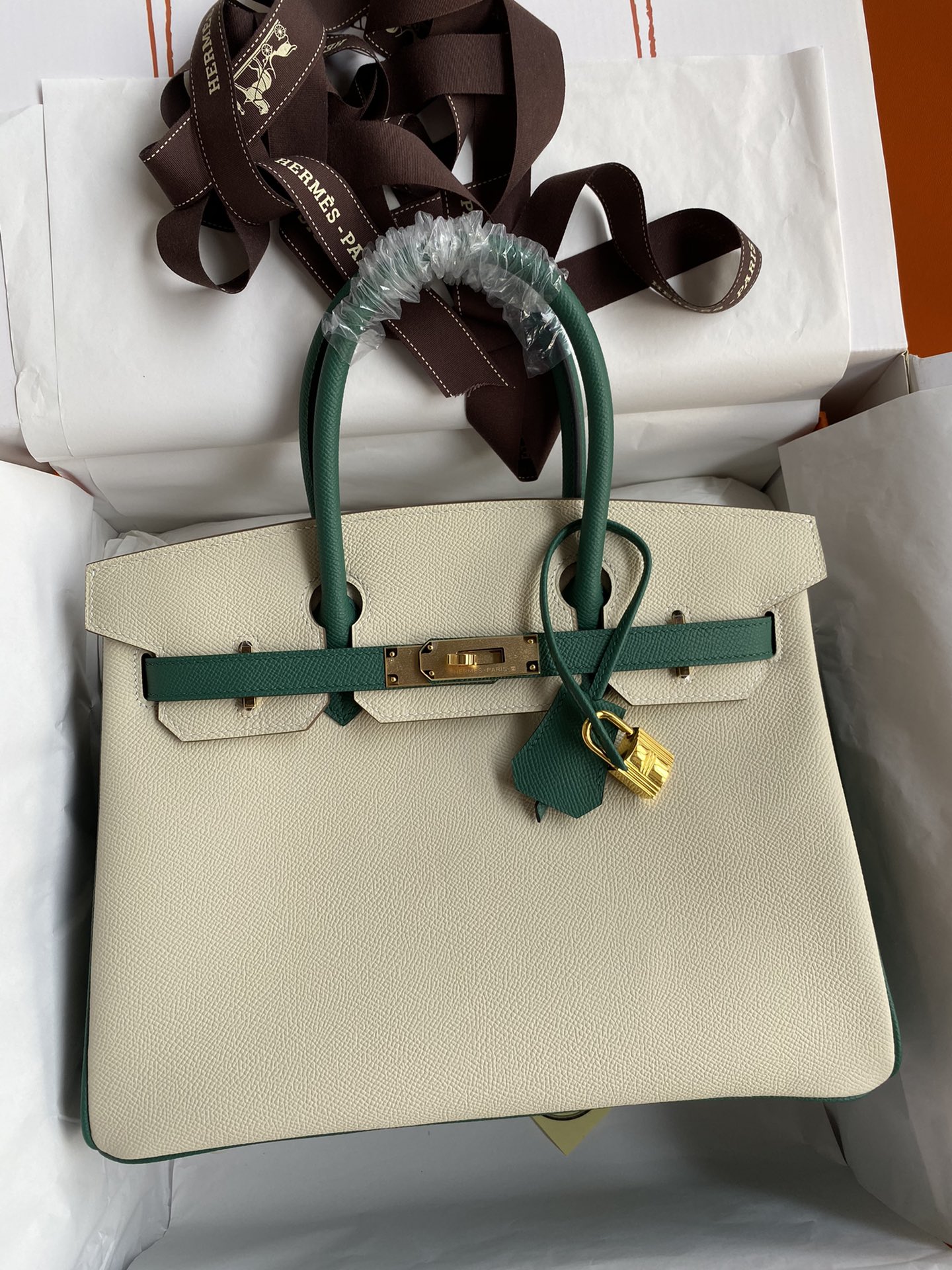 Hermes Birkin 35CM Epsom Leather Handbag Cream White Malachite